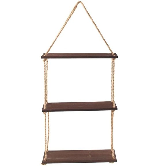 Hanging Wall Shelf Hemp Rope Brown Wood 3 Shelves 15-3/4W x 6D x 32H New - Picture 2 of 5